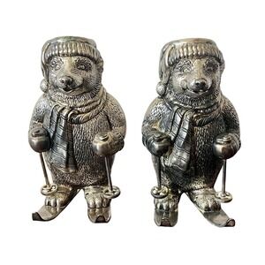 Vintage Towle Silverplate Skiing Polar Bear Candle Holders Set Of 2 Winter Decor